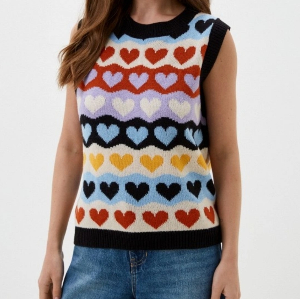 Ichi Heart Print Multicolour Sweather Vest XS
